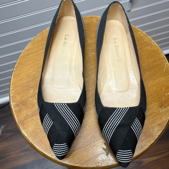 L. K. Bennett Dale Stripe Grosgrain Black & White Flats Size 37=6.5 - Picture 2 of 9